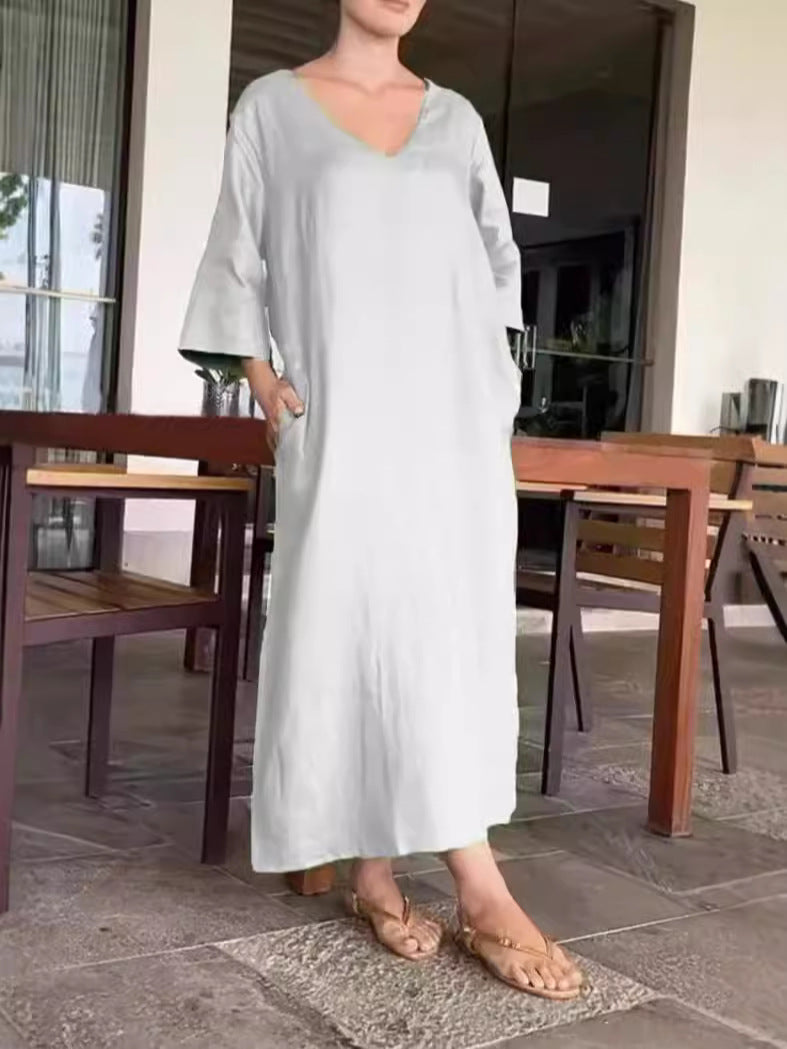 Damen luftiges Maxikleid aus atmungsaktiver Baumwolle mit V-Ausschnitt und praktischen Taschen EB