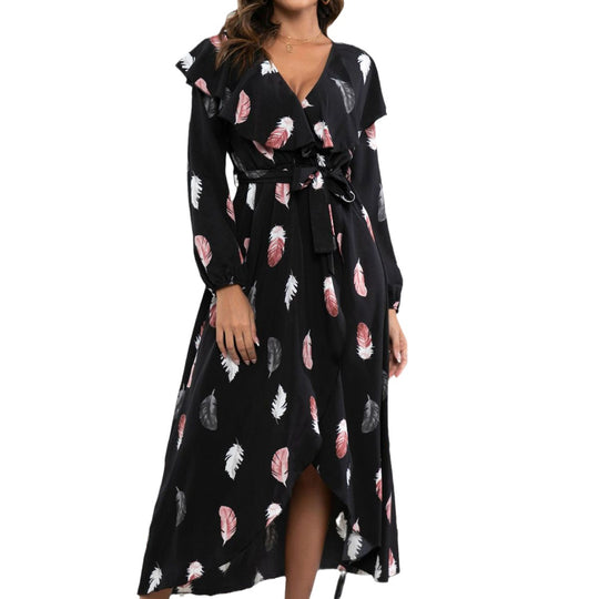 Damen Maxi-Kleid mit Rüschendetails und schickem Bindegürtel EB