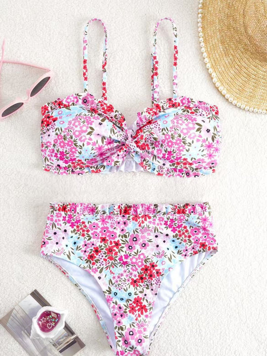 Damen Bikini-Set mit fröhlichem Blumenmuster und gerafftem Bustier EB