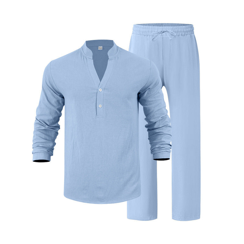 Herren komfortables Homewear-Set mit eleganter Knopfleiste und langen Hosen EB