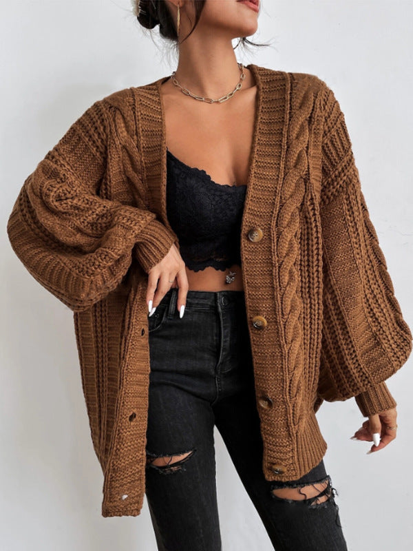 Damen Grobstrick Cardigan mit weiten Ärmeln und Knopfdetails EB