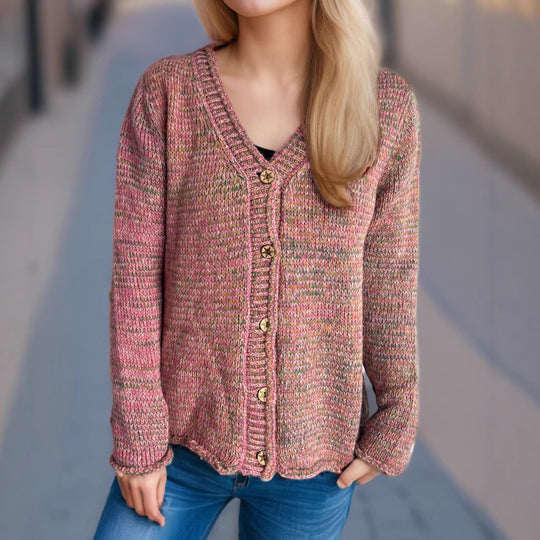 Damen Strickjacke mit kreativem Farbmuster und goldenen Knöpfen EB