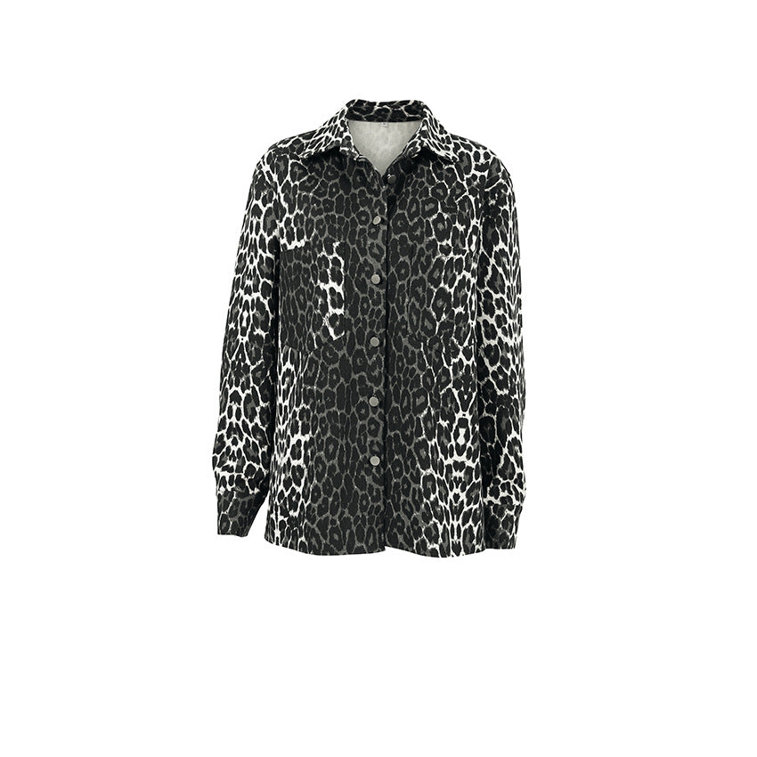 Damen Modische Leoprint Overshirt mit Taschen EB