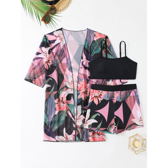Damen Strandset mit floralem Kimono, Oberteil und Shorts EB
