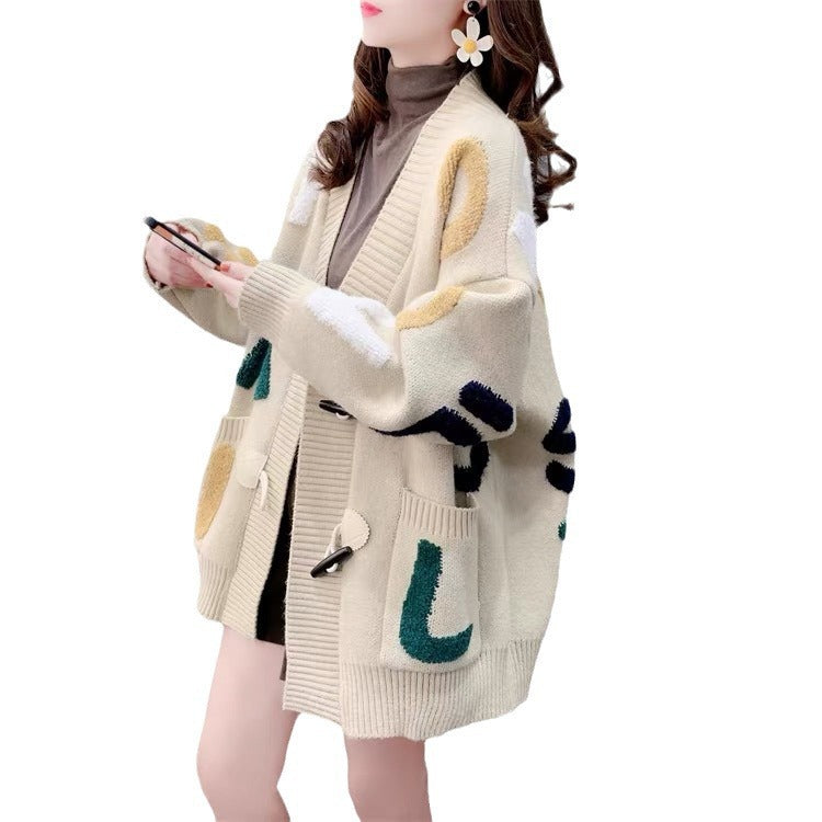 Damen Grobstrick-Cardigan mit kreativen Applikationen und großen Taschen EB