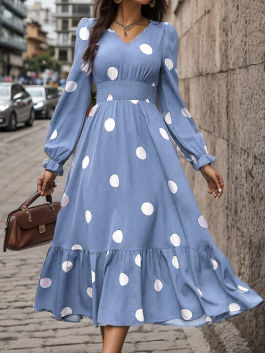 Damen Elegantes Maxi-Kleid mit modischem Punkte-Design und Taillenbetonung EB