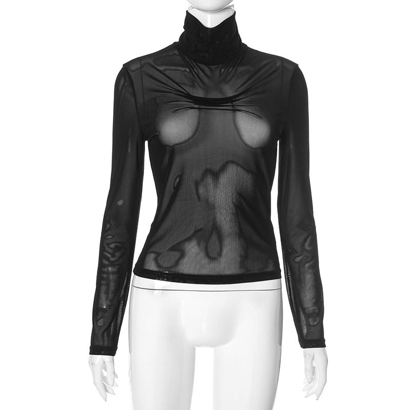 Damen trendiges, transparentes Longsleeve-Oberteil mit Stehkragen und Designfalten EB