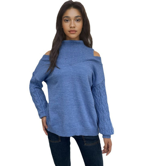 Damen Strickpullover mit offenem Schulterdesign und elegantem Stehkragen EB