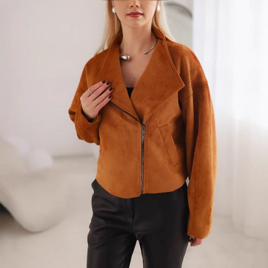 Damen Trendige Kurzjacke im lässigen Biker-Stil mit asymmetrischem Reißverschluss und tiefem Kragen EB