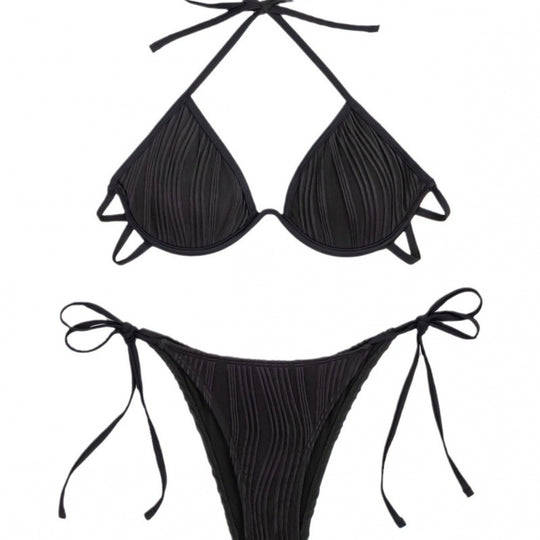 Damen Triangel-Bikini mit Rippstruktur und verstellbaren Bindebändern EB