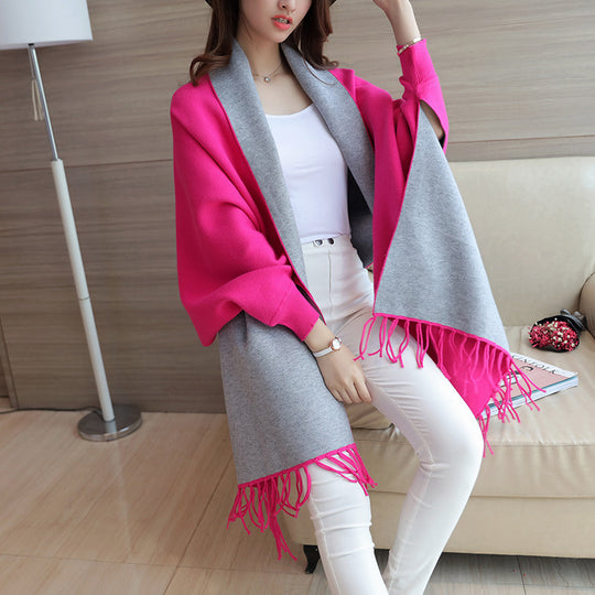 Damen eleganter Schal mit Fransen und kontrastierenden Farbdetails EB
