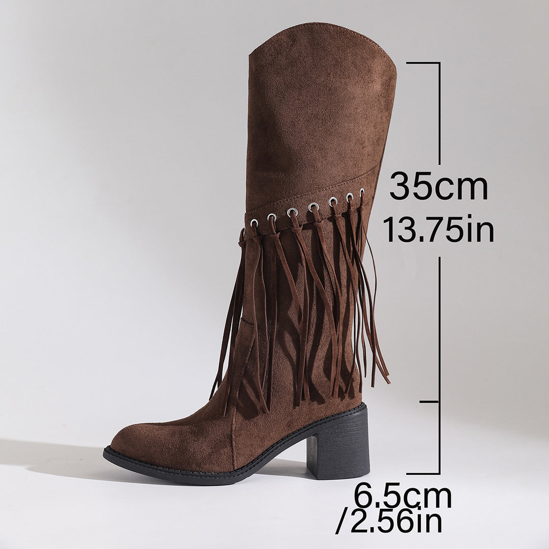 Damen wadenhohe Fransen-Stiefel in Wildlederoptik mit Ösendetail und mittelhohem Blockabsatz EB