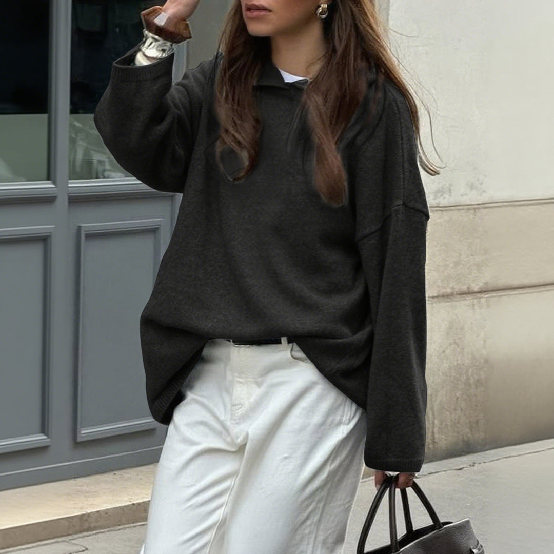 Damen nan Oversize-Polo-Feinstrickpullover mit umgelegtem Kragen und Raglanärmeln EB