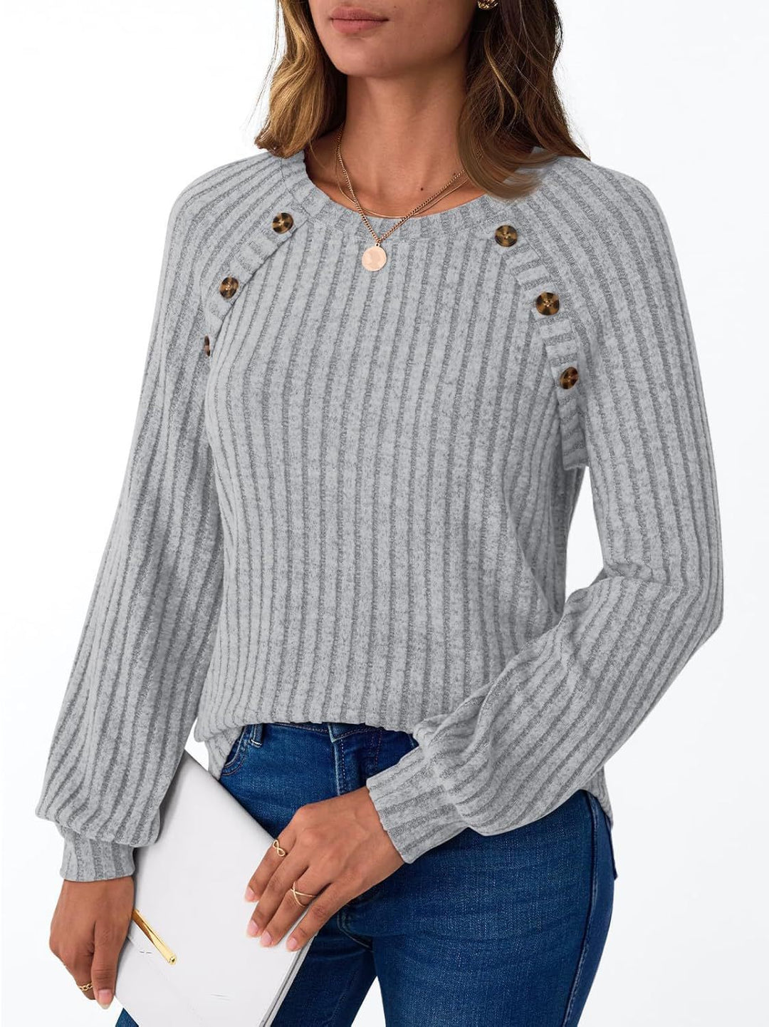 Damen Pullover mit dekorativen Knöpfen und strukturiertem Rippdesign EB