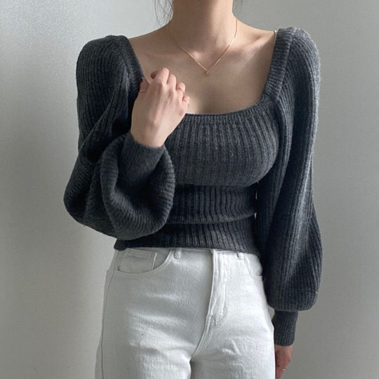 Damen Ripp-Strickpullover mit Puffärmeln EB