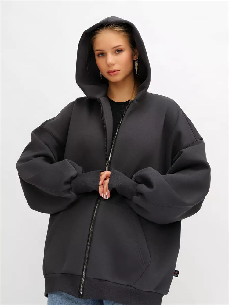Damen lässiger Oversized Zip-Hoodie mit tiefen Taschen EB