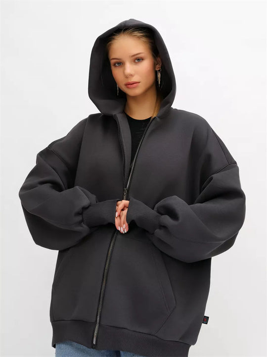 Damen lässiger Oversized Zip-Hoodie mit tiefen Taschen EB