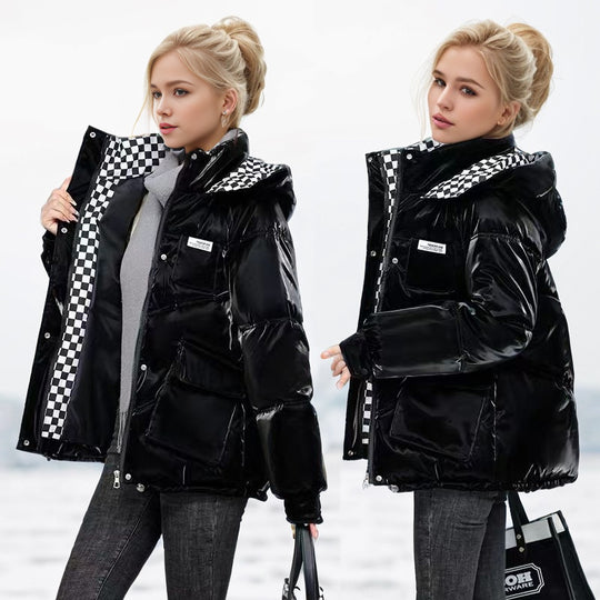 Damen modische glänzende Steppjacke mit hochschließendem Kragen und praktischen Taschen EB