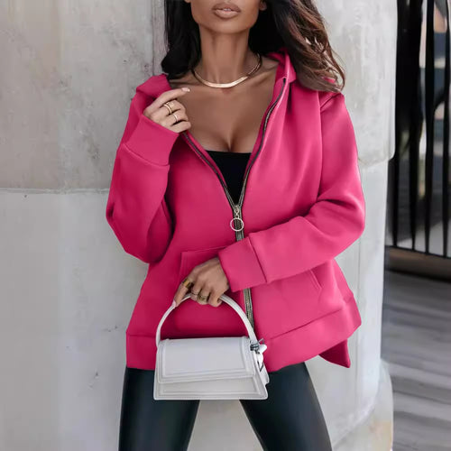 Damen Modischer Kapuzen-Zip-Hoodie mit praktischen Taschen und glänzendem Reißverschluss EB
