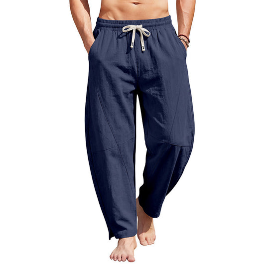 Herren knöchellange Freizeithose aus Leinenmix mit elastischem Kordelbund und seitlichen Schlitzen EB
