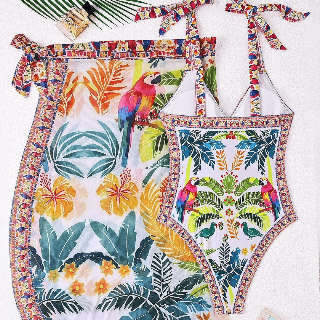 Damen Schwimmkleid mit floralem Design und Überwurf EB