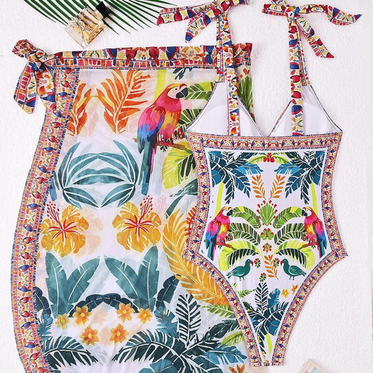 Damen Schwimmkleid mit floralem Design und Überwurf EB