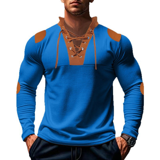 Herren lässiges Langarm-Henley-Shirt mit ausgefallenem Schnürdesign und kontrastrierenden Ellenbogen-Patches EB