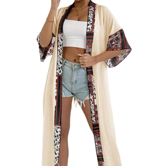 Damen eleganter, leichter Kaftan mit buntem Häkelbesatz EB
