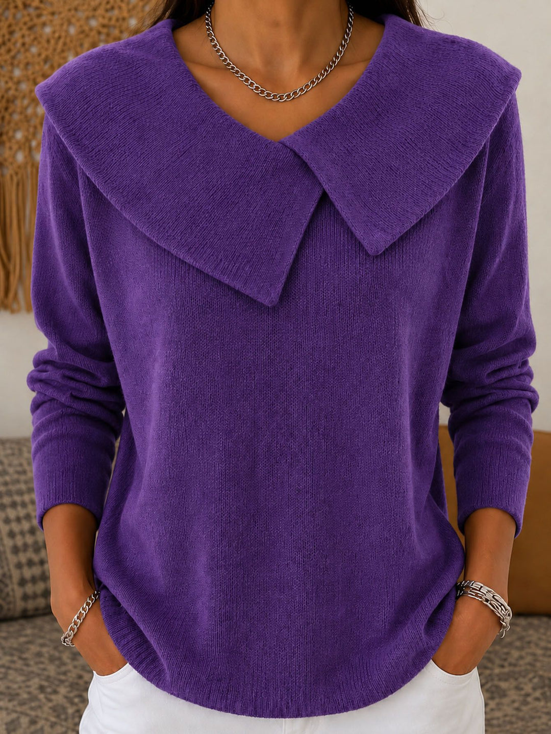 Damen Grobgestrickter Strickpullover mit übergroßem Matrosenkragen EB