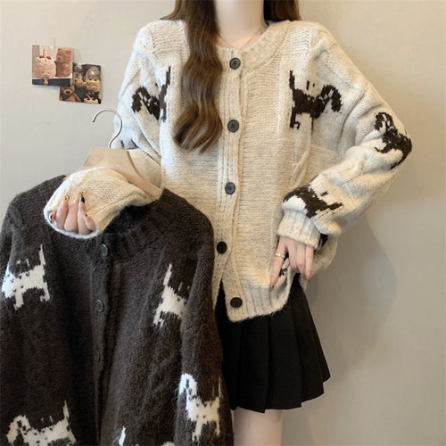 Damen Gemusterter Strickcardigan mit tierischem Motiv und bequemen Oversized-Schnitten EB