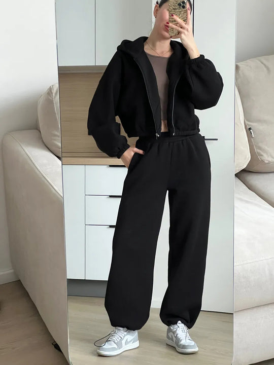Damen Oversize Sweatset mit Reißverschluss Bomberjacke und Highwaist Jogginghose EB