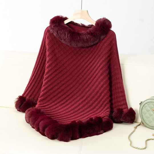 Damen kuschelige Strickdecke mit luxuriösem Kunstfellbesatz EB