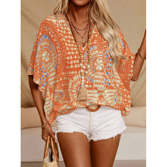 Damen Strandbluse im lässigen Boho-Stil mit bunten Mustern und voluminösen Ärmeln EB