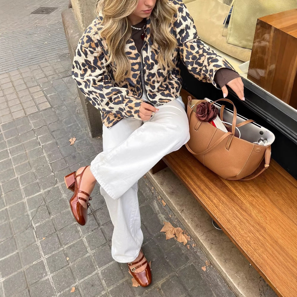 Damen Cropped Jacke im Leopardenmuster mit Druckknöpfen EB