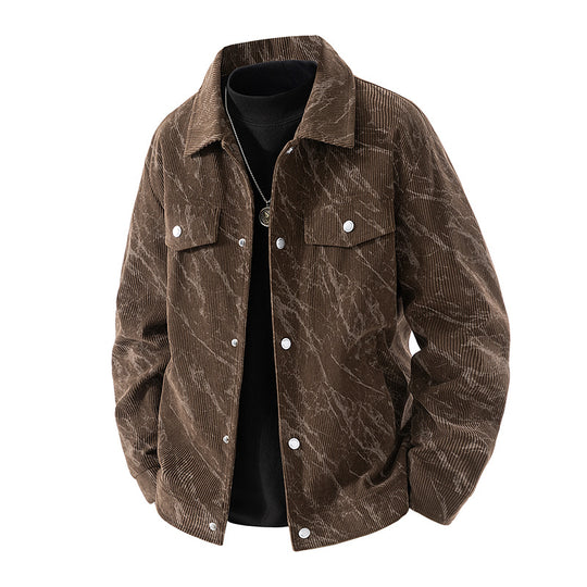 Men's  marbled corduroy snap-front collared trucker jacket with chest flap pockets EB