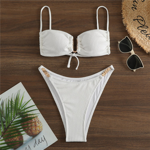 Damen Bikini-Set mit gerafftem Oberteil und hochtaillierten Höschen EB