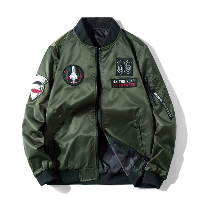 Men's  pilot-style embroidered patch utility bomber jacket with angled welt pockets and zip sleeve pocket EB