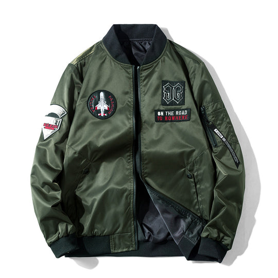 Men's  pilot-style embroidered patch utility bomber jacket with angled welt pockets and zip sleeve pocket EB