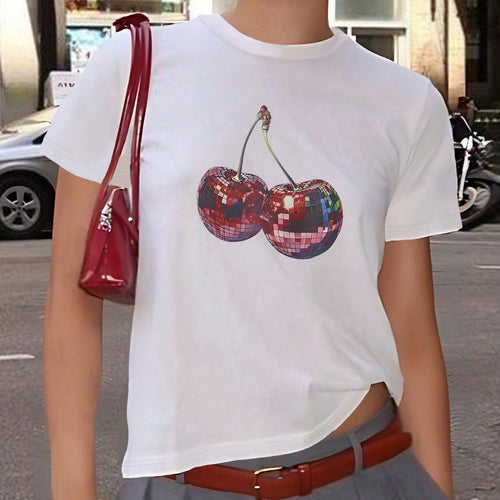 Damen T-Shirt mit kreativem Kirschmotiv und funkelndem Glitzereffekt EB