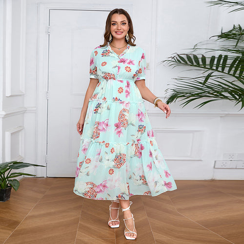 Damen Bohemian Maxikleid mit voluminösem Rock und floralem Design EB