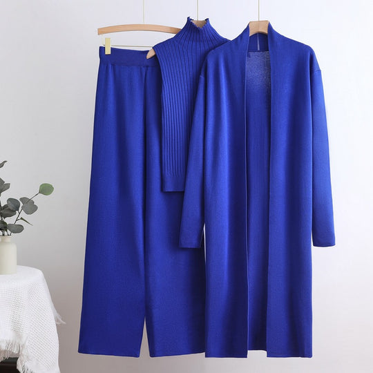 Damen gemütliches Strick-Loungewear-Set mit langem Cardigan und Rippenshirts EB