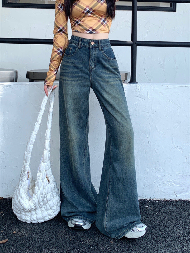 Damen Weite Flared Jeans mit hohem Bund und modischem Vintage-Design EB