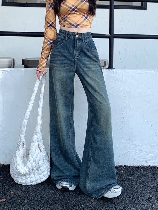 Damen Weite Flared Jeans mit hohem Bund und modischem Vintage-Design EB