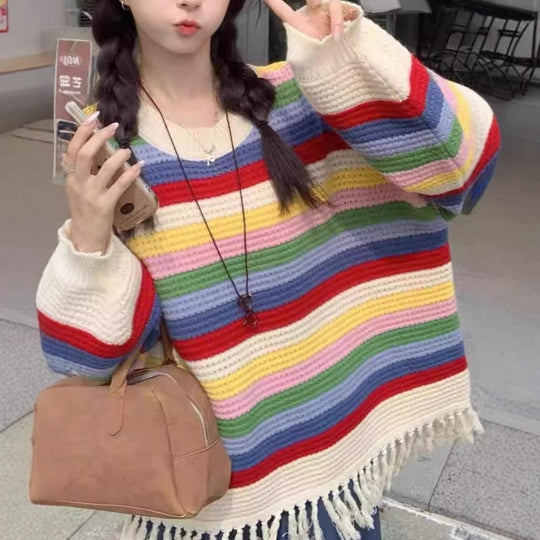 Damen Großer Strickpullover mit Fransen und buntem Streifenmuster EB