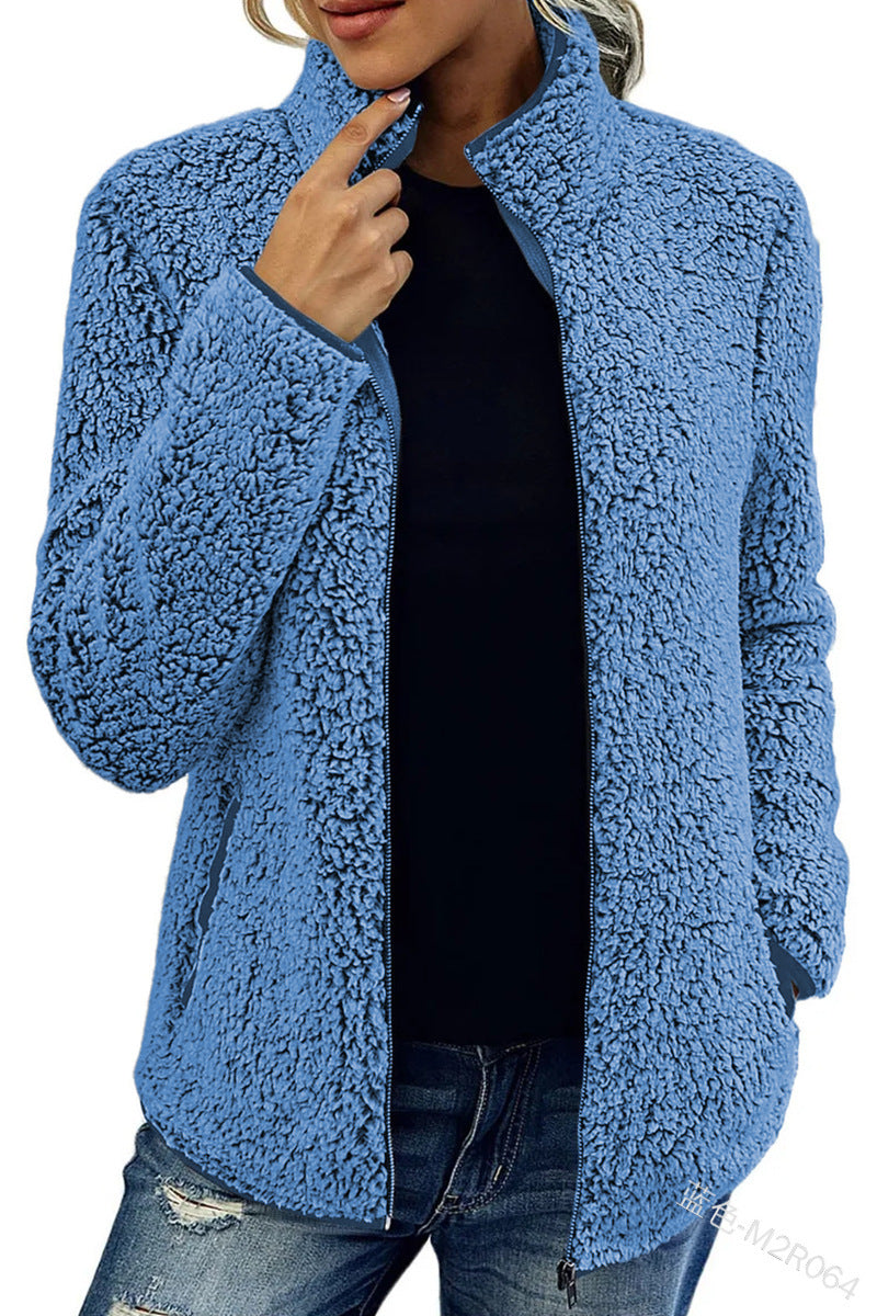 Damen Flauschige Fleecejacke mit hohen Kragen und seitlichen Taschen EB