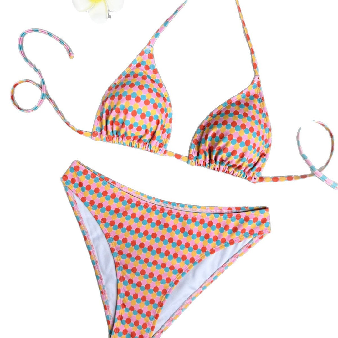 Damen Triangel-Bikini mit buntem Punktedesign und verstellbaren Bändern EB