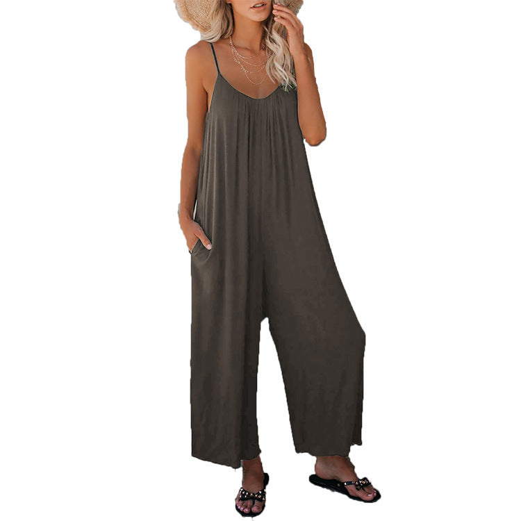 Damen Lässiger Sommer-Jumpsuit mit tiefem Ausschnitt und praktischen Taschen EB