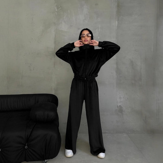 Damen Samt-Loungewear-Set mit kurzem Reißverschluss und geraffter Taillenpartie EB