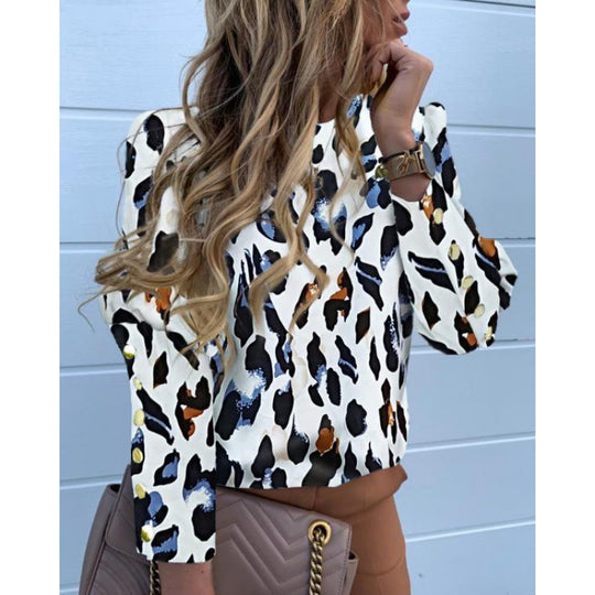 Damen Leichte Bluse mit Leopardenprint, Ballonärmeln und Zierknopfleiste EB