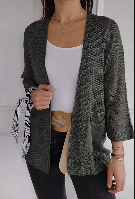 Damen lässige Strickjacke mit offener Vorderseite und praktischen Taschen EB